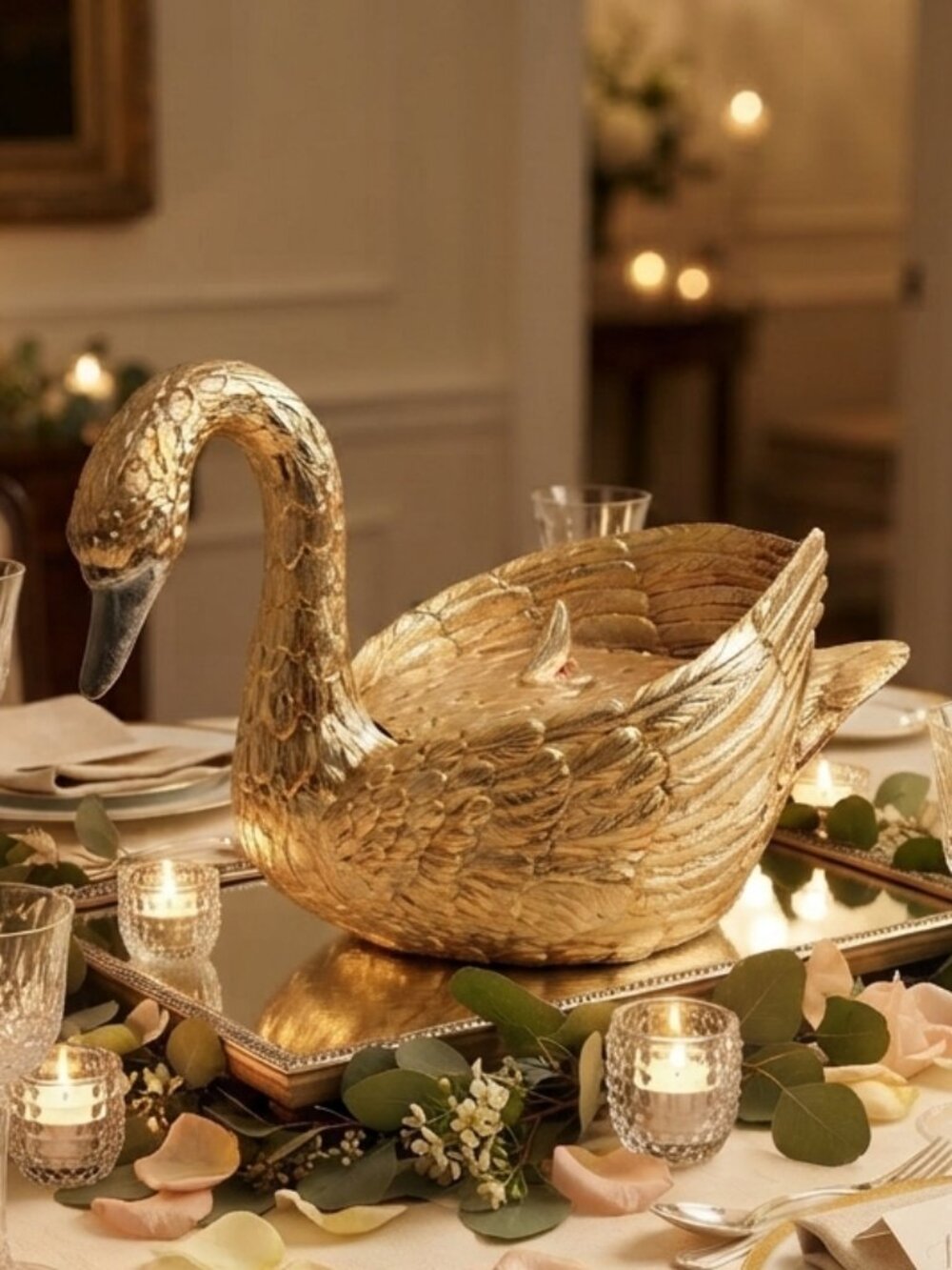Mauro Manetti Gold Swan Bowl Vintage 1970s Italian Hollywood Regency Centerpiece